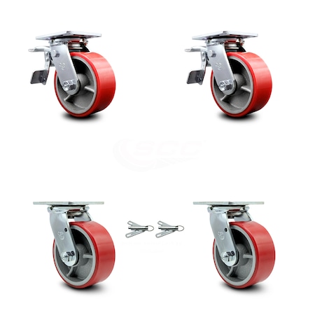 Service Caster 5 Inch Red Poly on Steel Caster Set with Roller Bearings 2 Brake 2 Swivel Lock SCC-TTL30S520-PUR-RS-2-BSL-2